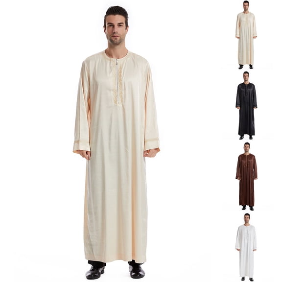 Mens Robe Casual Round Neck Long Sleeves Muslim Gown Thobes Lightweight Comfortable Satin Muslim Clothes for Male,Islamic Prayer Gown,Beige,L