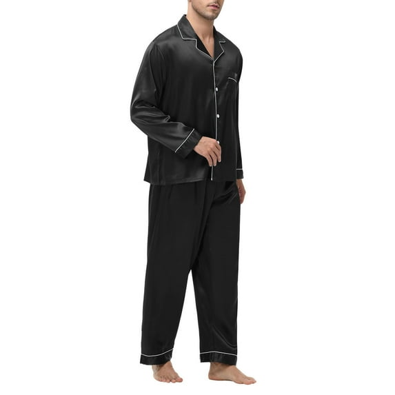 XUNKUSGA Mens Satin Pajamas Set Long Sleeve Button Down Silky Pjs Sets with Long Pants Casual Solid Color 2 Pieces Sleepwear with Pockets Loose Comfortable Fall Pajamas S-2XL Black