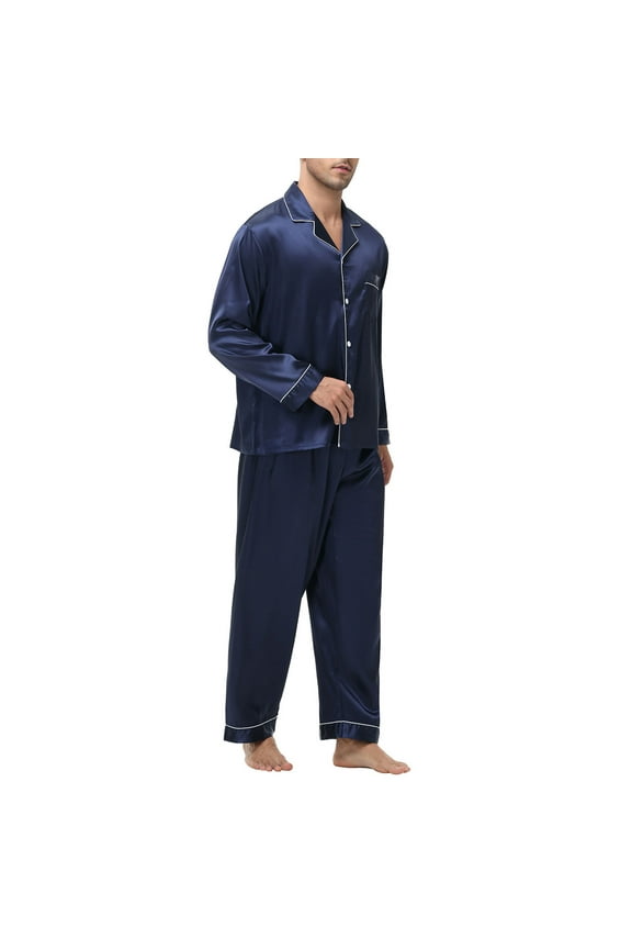 Mens Satin Pajamas Set Long Sleeve Button Down Silky Pjs Sets with Long Pants Casual Solid Color 2 Pieces Sleepwear with Pockets Loose Comfortable Fall Pajamas S-2XL Blue