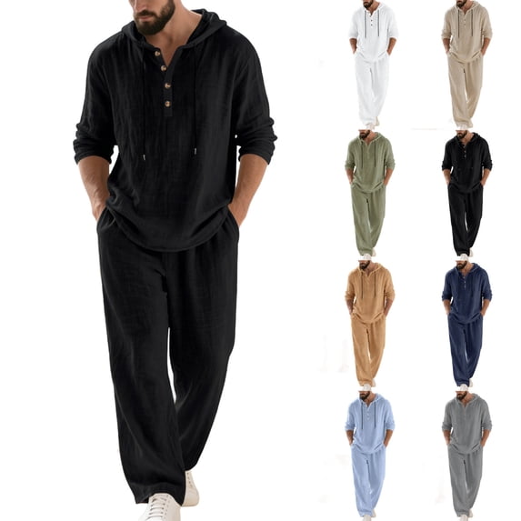 XUNKUSGA Mens Short Sets Summer Casual Long sleeve Henley Shirts and pants Men's 2 Pieces Cotton Linen Set Classic Soild Color Loose Beach Outfits,XL,Black