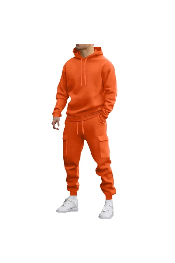 Mens Sweatsuits 2 Piece Set Loose Solid Color Hooded Sweatshirts and Sweatpant Sets Athletic Sweatsuits Set for Men Jogger Sweatsuit S-3XL Orange