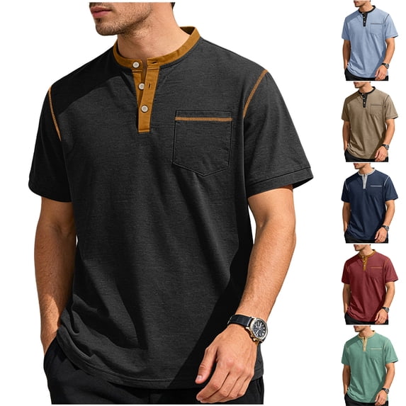 XUNKUSGA Mens T-Shirts Classic Casual Short Sleeve Button Men's Henley Shirt Fashion Summer Lightweight Front Pocket Pullover Top for Work Study,Red,S