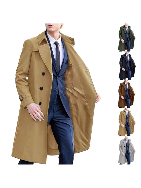 Mens Trench Coat Classic Notched Lapel Double Breasted Long windbreaker Men Soft Full Lining Men's Overcoat with Detachable Waist Belt Brown M