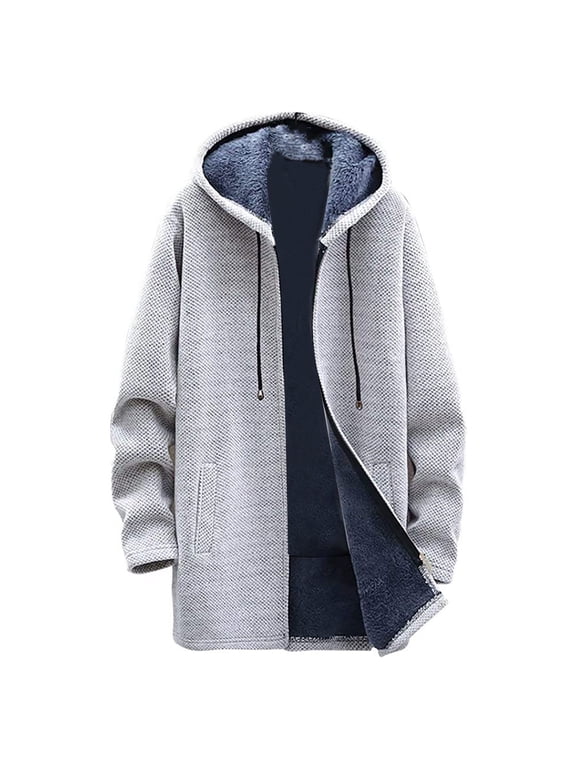 Mens Winter Coats Chenille Solid Color Full Zip Mid Length Hooded Jacket Thickened Fleece Lined Warm Windbreaker Winter Coats for Men Loose Casual Comfortable Cardigan Men M-4XL Gray