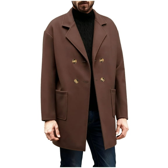 XUNKUSGA Mens Winter Jacket Double Breasted Lapel Trench Coat Men Mid Long Pea Coat Classic Solid Color Long Sleeve Coats for Men with Pocket S-2XL Brown