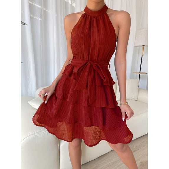 XUNKUSGA Mini Dresses for Women Fashion Halter Neck Tiered Ruffle Wedding Guest Dress with Tie Waist Classic Soild Color Womens Dresses for Cocktail Party Night,Red,XL