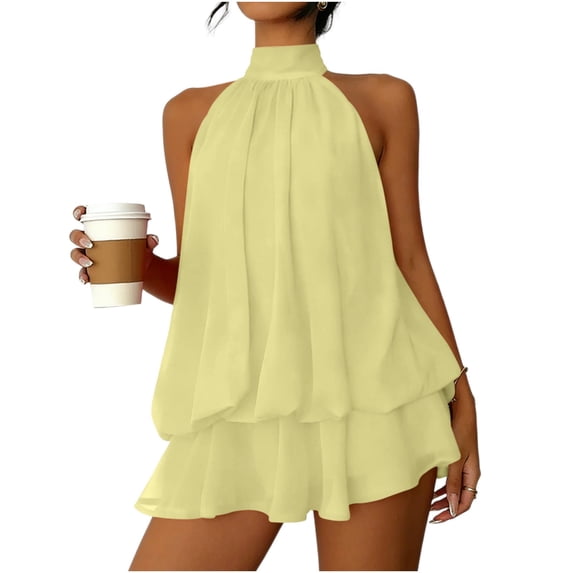 XUNKUSGA Mini Dresses for Women Summer Fashion Soild Color Halter Womens Dresses Trendy Tie Open Back Sleeveless Ruffle Hem Wedding Guest Dress,Yellow,XL