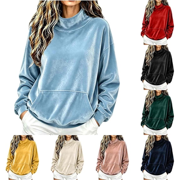 XUNKUSGA Mock Neck Sweatshirt Soft Velvet Sweatshirt for Women Casual Loose Pullover Top Classic Solid Color Long Sleeve Warm Fall Winter Tops for Women with Pockets M