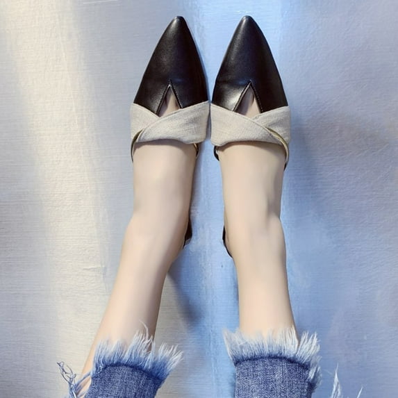 XUNKUSGA Mules for Women Fashion Color Block Leather Block Heel Womens Flat Shoes Casual Slip On Backless Flat Mules Trendy Open Back Pointed Closed Toe Slippers for Women 5.5-9 Black