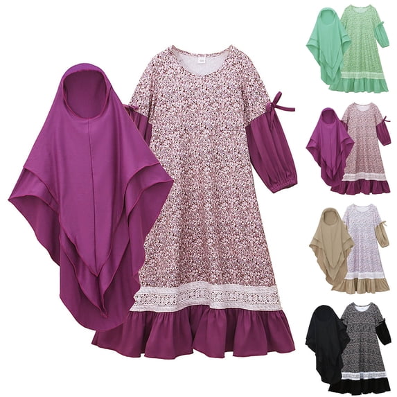 XUNKUSGA Muslim Ramadan Girls Dresses 0-10Y Fashion Color Block Long Sleeve Dubai Kaftan Cotton Soft Lightweight Maxi Dress with Hijab 2-Piece Set,Purple