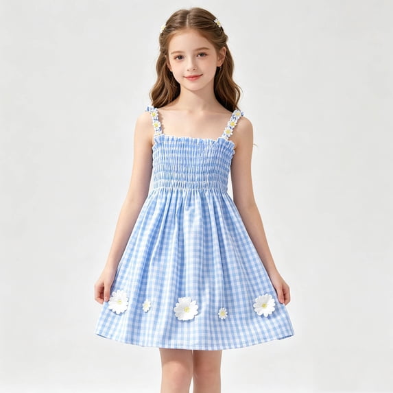 XUNKUSGA Newborn Infant Baby Girl Princess Dress Cotton Toddler Girl Clothes Sleeveless Cute Flower Sundress Summer Beach Dresses for Girl 2-7 Years,Blue