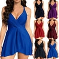 thumbnail image 1 of XUNKUSGA One Piece Swimsuit Women Classic Soild Color Tummy Control Swim Dress Fashion Wrap V Neck Spaghetti Strap Cross Back Womens Bathing Suits S-XL, 1 of 5