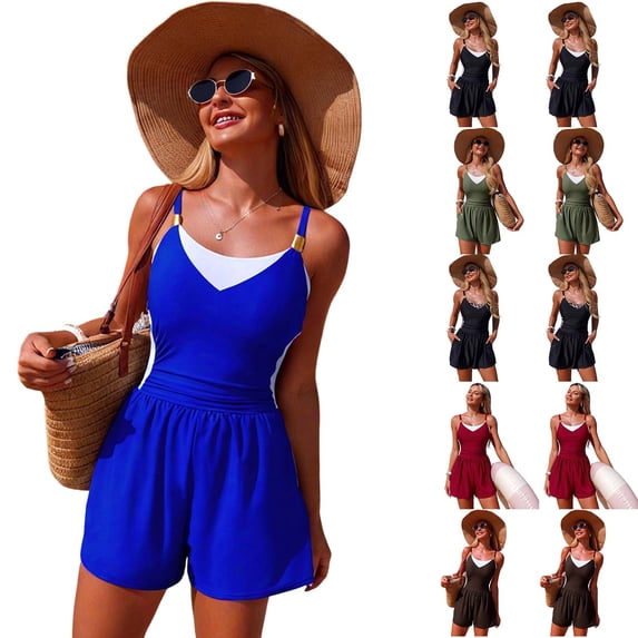 XUNKUSGA One Piece Swimsuit for Women Color Block Modest Bathing Suit with Pockets Loose Athletic Swim Rompers for Women Casual Tummy Control Swimsuits
