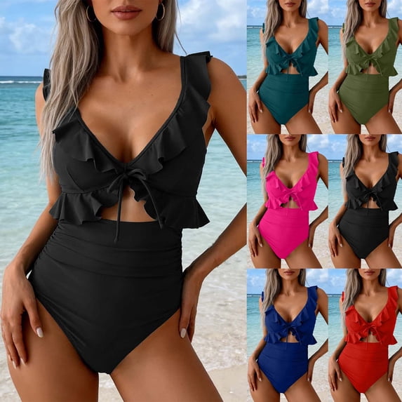 XUNKUSGA One Piece Swimsuit Women Trendy Ruffle Cutout V Neck Ruched Bathing Suits for Women Comfortable Slimming Womens Bathing Suits Tummy Control,Pink,M