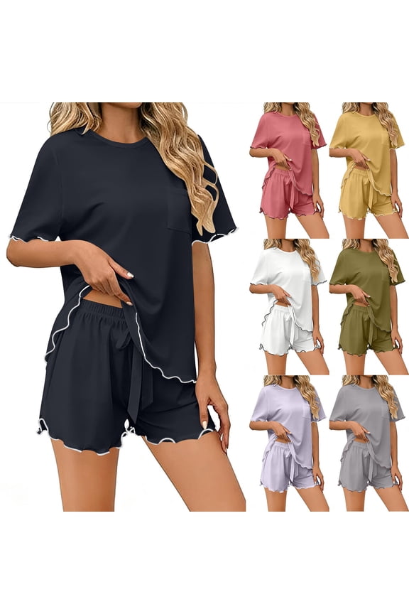 Pajamas for Women Set Cute Ruffle Hem Pj Set with Pockets Lightweight Casual Soild Color Short Sleeve Top and Shorts 2 Piece Sets for Women,White