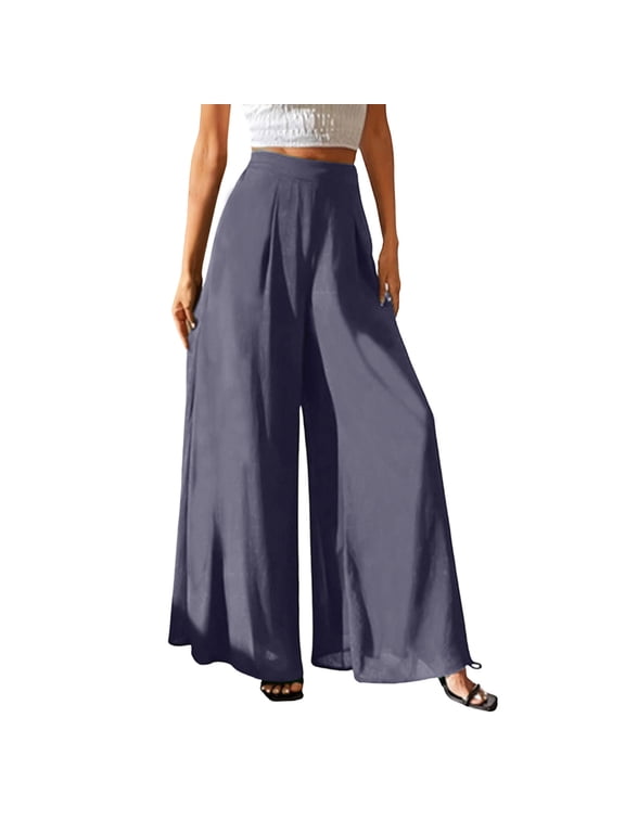 Palazzo Pants for Women Classic Soild Color Chiffon Women's Pants Fashion High Elastic Waisted Business Casual Wide Leg Pants Woman with Lining,Gray,M