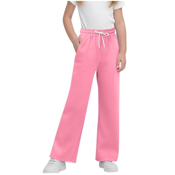 XUNKUSGA Pants for Girls 4-15 Years Casual Comfy Elastic High Waisted Sweatpants for Kids Solid Color Straight Leg Sweat Pants for Women Lightweight Loose Girls Pants with Drawstring Pink