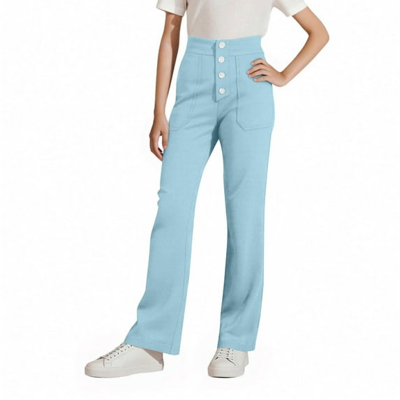 XUNKUSGA Pants for Girls 4-15Years High Waist Button Down Uniform Pants for Girls Straight Leg Stretchy Girls Pants Solid Color Slim Full Length Leggings for Girls with Pocket