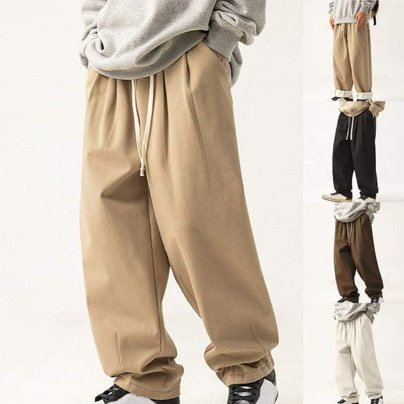 XUNKUSGA Pants For Men Cotton Fleece Work Pants for Men Drawstring Elastic Waist Sweatpants for Men Loose Wide Leg Men's Pants Casual Solid Color Mens Sweatpants with Pockets