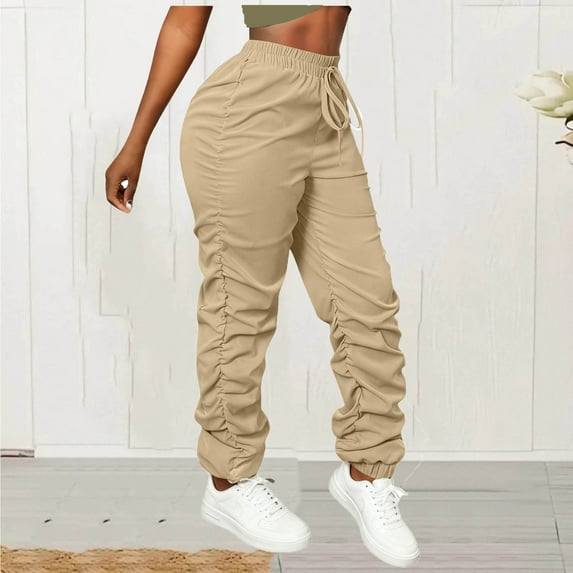 XUNKUSGA Pants for Women Lightweight Solid Color Cargo Pants Women Fashion Casual Ruched Detail Hiking Pants Women Comfortable Elastic Drawstring Waist Women Joggers S-2XL Brown