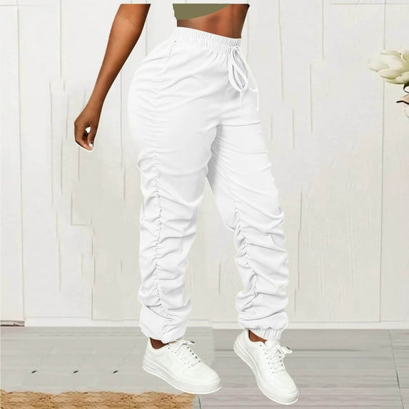 XUNKUSGA Pants for Women Lightweight Solid Color Cargo Pants Women Fashion Casual Ruched Detail Hiking Pants Women Comfortable Elastic Drawstring Waist Women Joggers S-2XL White