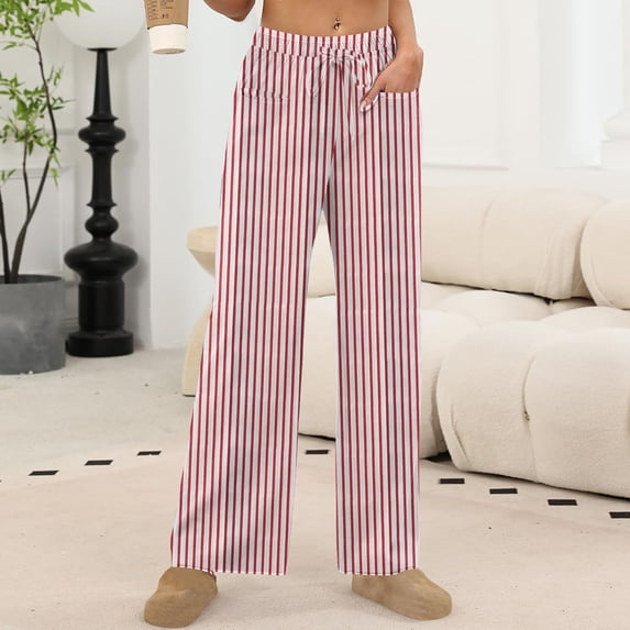 XUNKUSGA Pants for Women Wide Leg Striped Women's Pants Casual Elastic Drawstring High Waisted Pajamas Pants Comfy Loose Boxer Bottoms Trousers for Women with Pockets S-2XL Red