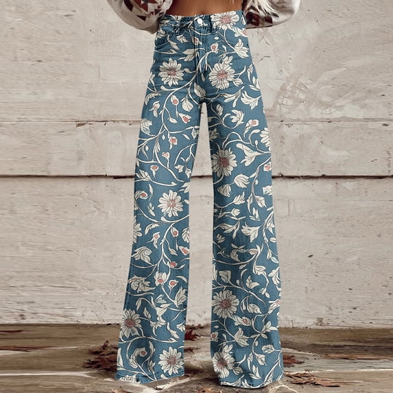 XUNKUSGA Pants for Women Fashion Faux Denim Floral Wide Leg Pants Classic High Waist Baggy Boyfriends Straight Leg Women's Pants with Pockets,Blue,L