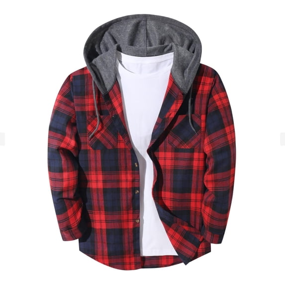 XUNKUSGA Plaid Flannel Jackets for Men Casual Long Sleeve Zip Up Hooded Jacket with Drawstring Fashion Shacket Coat Winter Thick Warm Jackets for Men with Pockets Red03 3XL