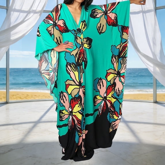 XUNKUSGA Plus Size Beach Cover Ups for Women Fashion Batwing Sleeve Caftan Dress Loose Comfortable Soft Summer Floral Print Maxi Dress,Red,Free Size