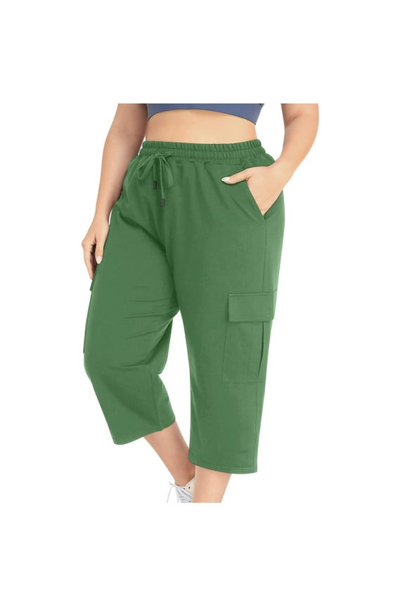 Plus Size Capri Pants for Women Solid Color Drawstring Elastic Waist Cargo Capri Women Comfy Lightweight Casual Wide Leg Hiking Pants with Pockets S-5XL