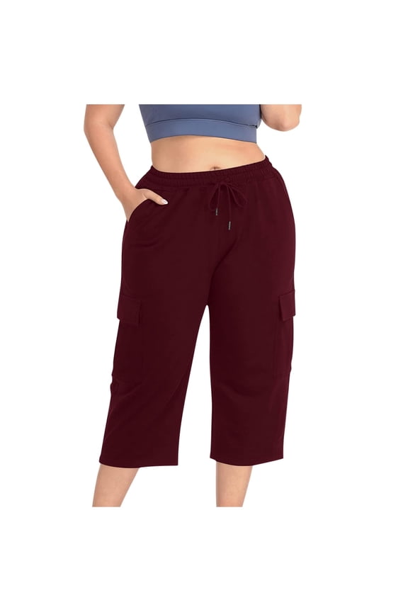 Plus Size Capri Pants for Women Solid Color Drawstring Elastic Waist Cargo Capri Women Comfy Lightweight Casual Wide Leg Hiking Pants with Pockets S-5XL