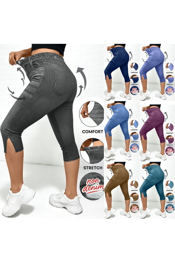 Plus Size Capri Pants for Women Trendy High Waisted Denim Print Split Hem Capri Leggings Summer Butt Lifting Skinny Pull On Cropped Pants,Blue,XL