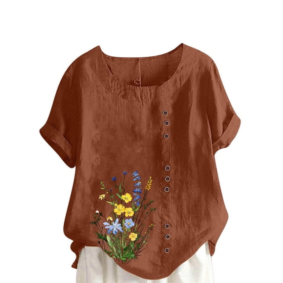 XUNKUSGA Plus Size Cotton Linen Going Out Tops for Women Casual Summer Boho Tops Fashion Loose Fit Crew Neck Short Sleeve Floral Women's T-Shirts S-5XL Brown
