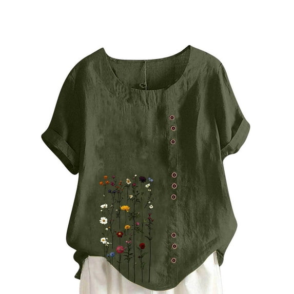 XUNKUSGA Plus Size Cotton Linen Going Out Tops for Women Casual Summer Boho Tops Fashion Loose Fit Crew Neck Short Sleeve Floral Women's T-Shirts S-5XL Green