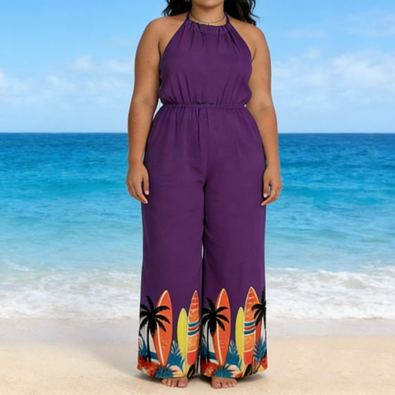 XUNKUSGA Plus Size Jumpsuits for Women Fashion Boho Halter Neck Sleeveless Wide Leg Rompers for Women Classic Drawstring Waist Women's Jumpsuits M-3XL,Purple