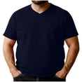 thumbnail image 1 of XUNKUSGA Plus Size Mens T-Shirts Classic Soild Color Basic Tees for Men Fashion V Neck Raglan Short Sleeve going out tops Lightweight Casual Tee Shirts Mens Blue, 1 of 7