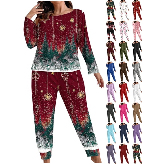 XUNKUSGA Christmas Plus Size Pajamas for Women Set Casual Long Sleeve Top with Wide Leg Pants 2 Piece Womens Pajamas Soft Cozy Pjs Classic Print Pjs Sets for Women