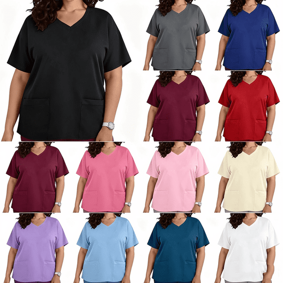 XUNKUSGA Plus Size Scrubs for Women Loose Fit V Neck Women's Scrub Top Casual comfortable 4-Way Stretch Tunic Top Regular Soild Color Top for Women L-5XL Blue