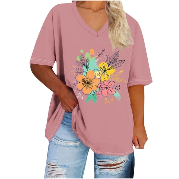 XUNKUSGA Plus Size Spring Clothes for Women Gradient Casual Tops Loose Fit V-neck 3/4 Length Sleeve Tops Trendy Print Summer Going Out XL-5XL