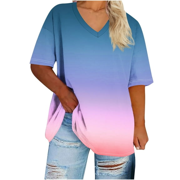 XUNKUSGA Plus Size Spring Clothes for Women Gradient Casual Tops Loose Fit V-neck 3/4 Length Sleeve Tops Trendy Print Summer Going Out XL-5XL