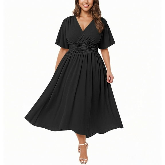XUNKUSGA Plus Size Summer Dresses for Women 2025 Fashion V Neck Leaf Sleeve Dress Casual High Waist Beach Sundress L-5XL