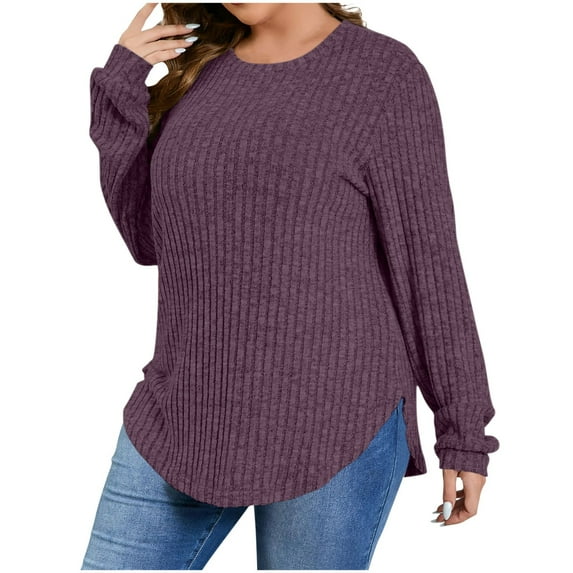 XUNKUSGA Plus Size Sweaters For Women Crewneck Long Sleeve Hem Slit Sweatshirt For Women Trendy Loose Ribbed Knit Pullover Going Out Tops For Women L-5XL