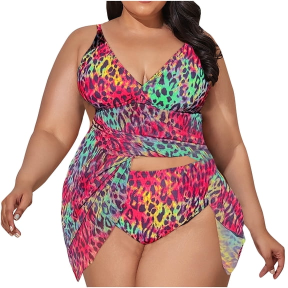 XUNKUSGA Plus Size Swimsuits for Women Fashion Floral Print tummy control swimsuit 2PCs Leopard Swimuits V Neck Swimdress with Bikini Bottom Full Coverage Swim Tank with Molded Cups XL-5XL