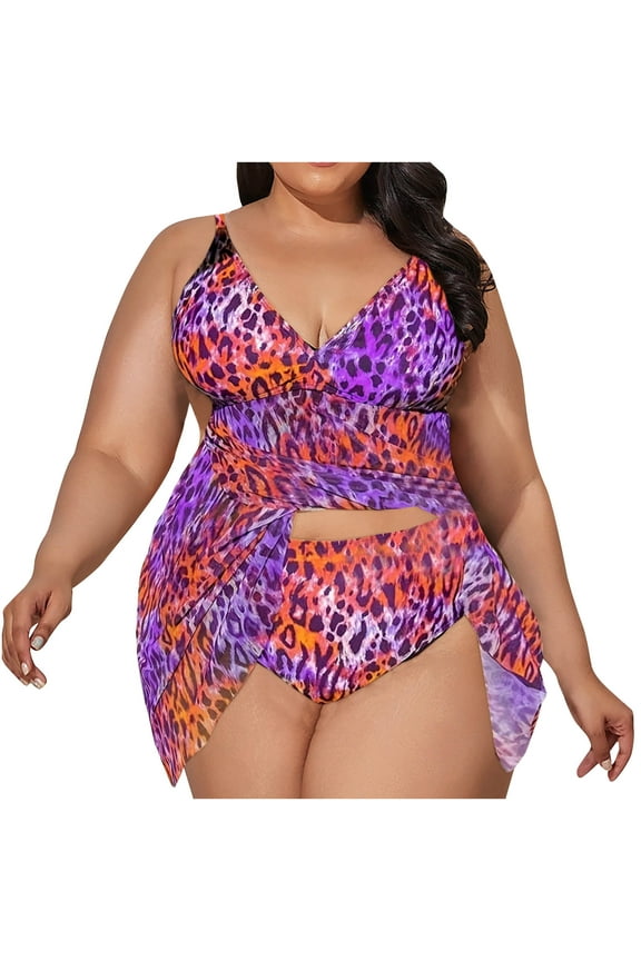 Plus Size Swimsuits for Women Fashion Floral Print tummy control swimsuit 2PCs Leopard Swimuits V Neck Swimdress with Bikini Bottom Full Coverage Swim Tank with Molded Cups XL-5XL