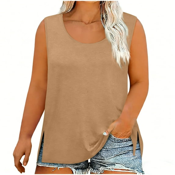 XUNKUSGA Plus Size Tank Tops Loose Fit Summer Sleeveless T Shirts for Women Casual Soild Color Trendy Scoop Neck Tunic Tees for Beach L-5XL,Brown