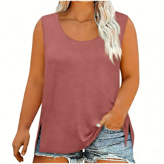 XUNKUSGA Plus Size Tank Tops Loose Fit Summer Sleeveless T Shirts for Women Casual Soild Color Trendy Scoop Neck Tunic Tees for Beach L-5XL,Pink
