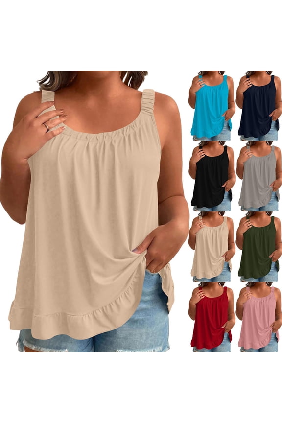Plus Size Tank Tops Trendy Scoop Neckline Sleeveless Womens Tops Fashion Elasticated Straps Ruffle Hem Summer Tops for casual shopping date,Pink,2XL