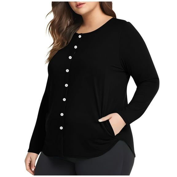 XUNKUSGA Plus Size Tops Casual Crewneck Long-Sleeved Solid Color Baggy Comfortable Basic Cardigan with Pockets