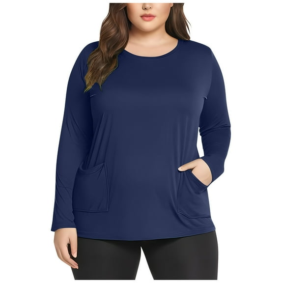 XUNKUSGA Plus Size Tops Casual Round Neck Long Sleeve Going Out Tops Solid Color Baggy Comfy Basic Tees Shirt with Pockets L-5XL