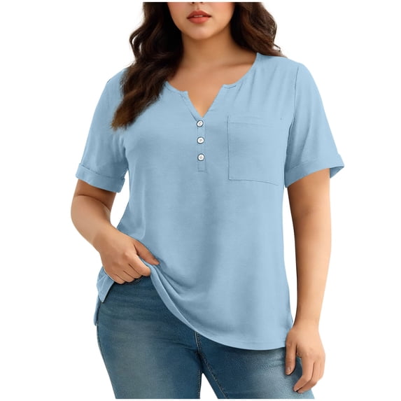 XUNKUSGA Plus Size Tops for Women Summer Short Sleeve V Neck Tunic Tops Fashion Button Down Henley Shirts for Women Loose Casual T-Shirts for Women XL-5XL Blue